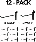KINGDOM SOLUTIONS – 12-Pack Black Metal Slatwall Hooks (6X 4, 6X 6) – Heavy-Duty Slat Wall Accessories for Garage Organization, Retail Displays & Tool Storage Systems