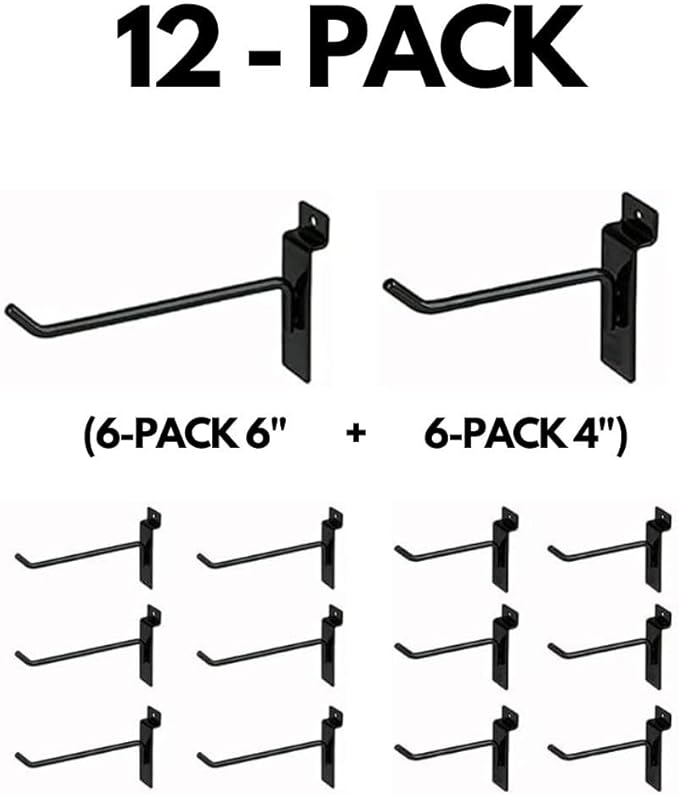 KINGDOM SOLUTIONS – 12-Pack Black Metal Slatwall Hooks (6X 4, 6X 6) – Heavy-Duty Slat Wall Accessories for Garage Organization, Retail Displays & Tool Storage Systems
