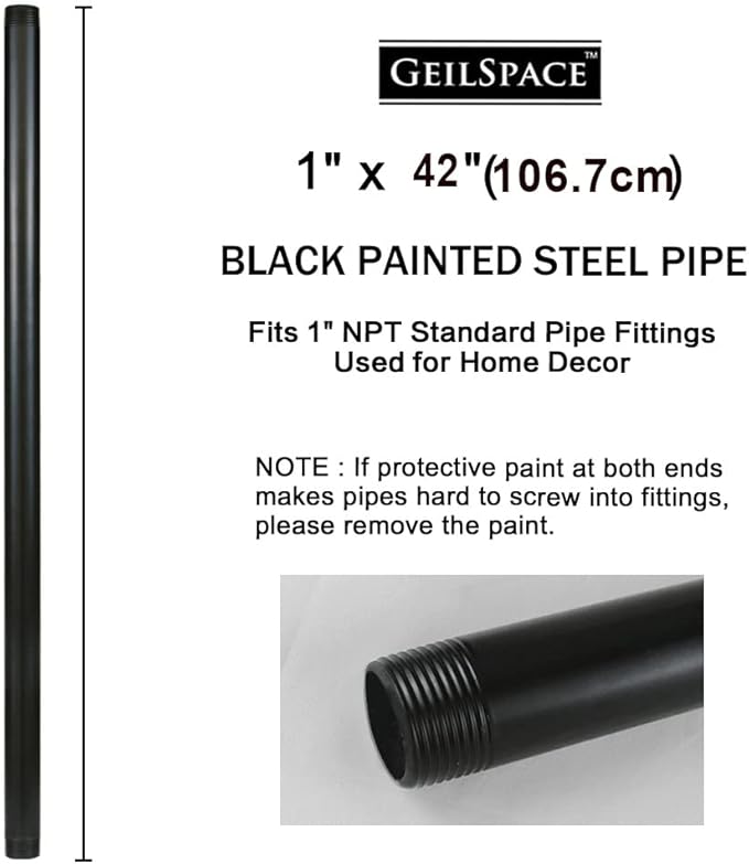 GeilSpace 1" x 42" Pre-Cut Black Metal Pipe, Industrial Steel Fits Standard One Inch Black Threaded Pipes and Fittings - Vintage DIY Industrial Shelving (1" × 42")