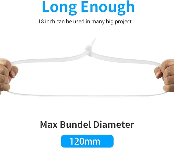 18 inch White Zip Ties Heavy Duty 100 PACK, 200 LBS Ultra Exclusive Strong Plastic Wire Ties, Large Cable Ties Extra Long Tie Wraps, Indoor and Outdoor UV Resistant