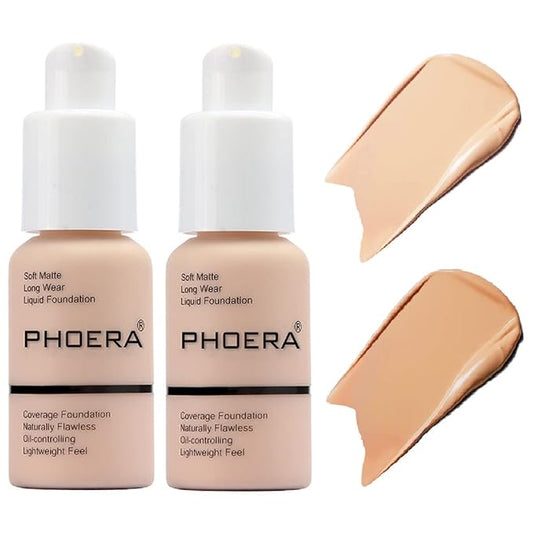 2 Pack PHOERA Foundation,Matte Oil Control Concealer Foundation Cream,PHOERA Long Lasting Waterproof Matte Liquid Foundation for Women Girls (102 Nude+104 Buff Beige)-VeraVaultWomen