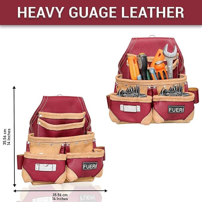FUERI Leather Tool Belt Suspenders for Carpenters Construction Electricians Framers Bags Pouches Holder Organizer Set (16 Pocket Maroon Set, Adjustable)