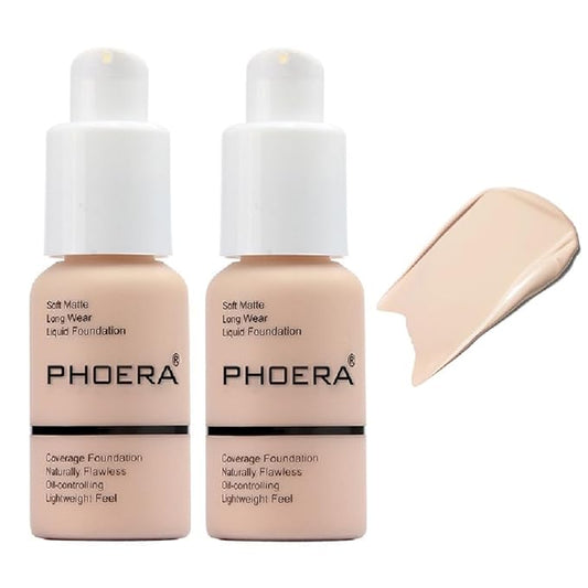 2 Pack PHOERA Foundation 101 Porcelain Makeup,Full Coverage Foundation for Women and Girls(101 Porcelain)-VeraVaultWomen
