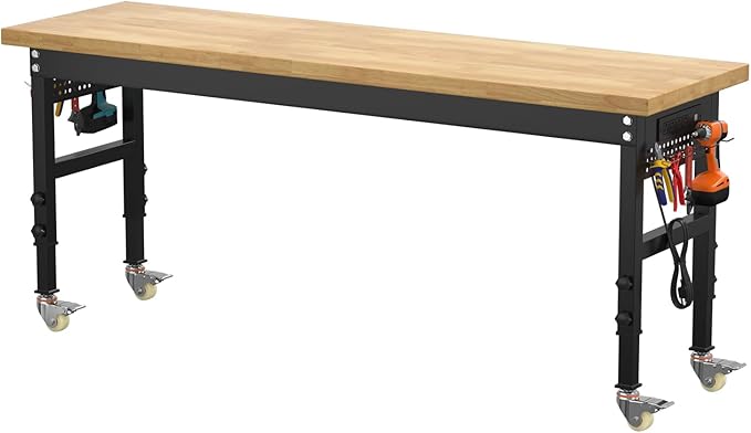 70” Heavy-Duty Solid Wood Work Bench Work Table with Wheels, Adjustable Height Portable Workbench with Power Outlets & Pegboard, 3000 Lbs Capacity Workstation for Garage, Workshop