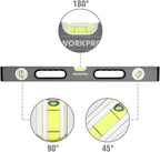 WORKPRO Torpedo Level, 3-Piece Spirit Level Set, 9"(Magnetic), 16"(Non-magnetic), 24"(Non-magnetic), Bubbles Measuring, Clear, Green.