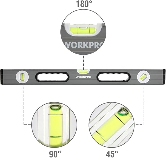 WORKPRO Torpedo Level, 3-Piece Spirit Level Set, 9"(Magnetic), 16"(Non-magnetic), 24"(Non-magnetic), Bubbles Measuring, Clear, Green.