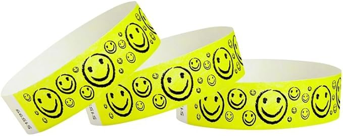 200 WristCo Yellow Smiley Face Tyvek Wristbands for Events - ¾” x 10” - Waterproof Recyclable Comfortable Tear Resistant Paper Bracelets Wrist Bands for Concerts Festivals Admission Party