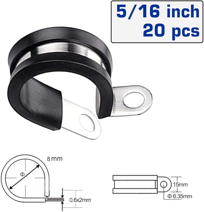 HOLYBEAR 5/16 Inch Stainless Steel Cable Clamp, Rubber Insulated Metal Conduit Wire Holder Strap Clips for Pipe, Tube, Hose Bracket (8mm, 20pcs)