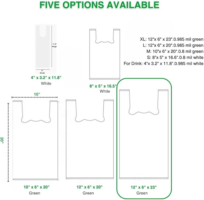 (Extra Large) OrangeBio Certified Home Compostable Shopping Bags, 500 Ct, 12" x 6" x 23", Hold 30 lbs, Thank You/Grocery/Take Out/T Shirt/To-Go Bags for Retail, Grocery Store