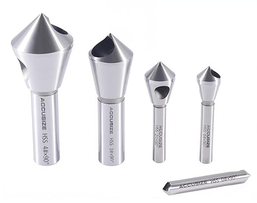 Accusize Industrial Tools 5 pc 90 Deg 0-Flute HSS Countersink & Deburring Tool Set, Pilotless Type, 0206-0490