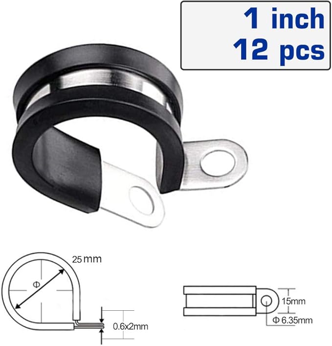 HOLYBEAR 1 Inch Stainless Steel Cable Clamp, Rubber Insulated Metal Conduit Wire Holder Strap Clips for Pipe, Tube, Hose Bracket (25mm, 12pcs)