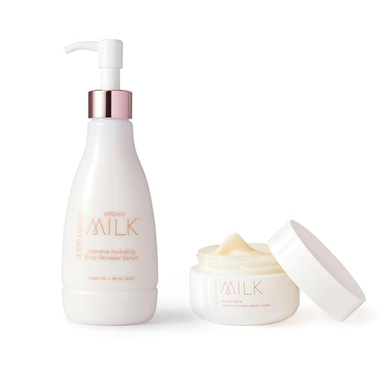 Josie Maran Argan Milk Body Care Gift Set - Intense Hydration Body Serum + Night Cream with a Lightweight Texture - Fast-Absorbing Skin & Body Care Set with Pure Argan Oil (2 Count)