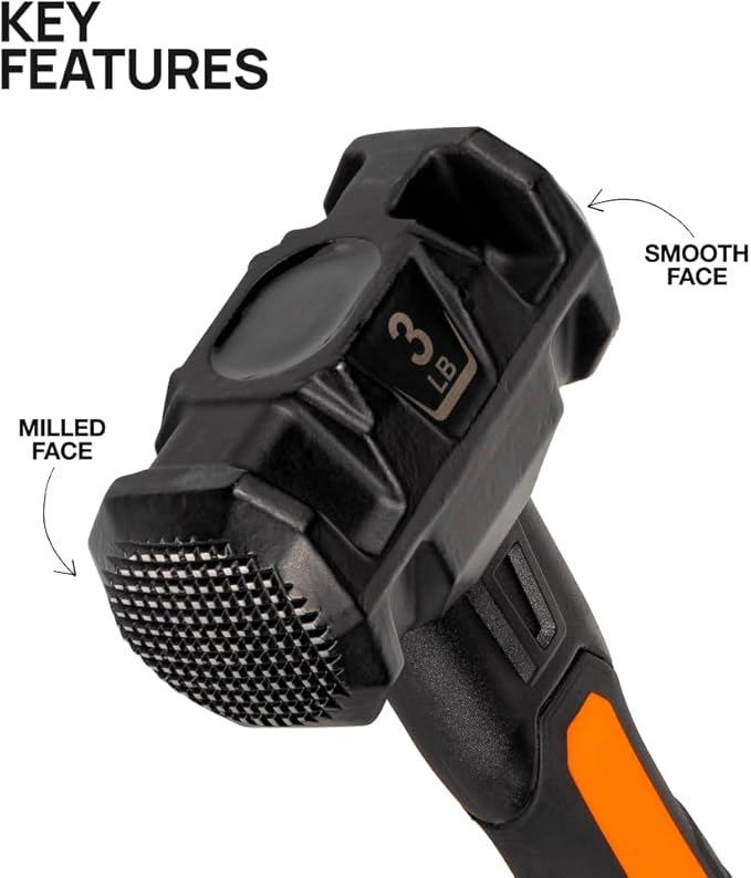 Klein Tools H80693 Sledgehammer, 3-Pound Dual-Faced Hammer with Fiberglass Handle, Shock-Resistant Design for Striking and Demolition, Includes Lanyard Hole