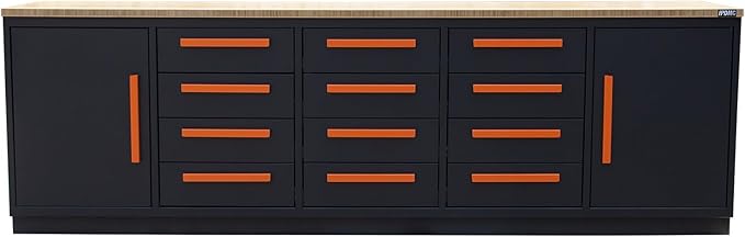 Heavy Duty Garage Cabinet Workbench Table w/Solid Wood Top, Workstation Garage Workbench with Storage for Garage, Warehouse, Office, Workshop, 112.2" W x 26.4" D x 36.2" H