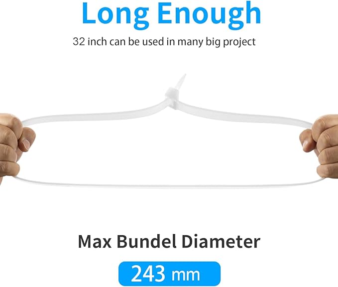 32 inch White Zip Ties Heavy Duty 30 PCS, 200LBS Ultra Exclusive Strong Plastic Wire Ties, Large Cable Ties Extra Long Tie Wraps, Indoor and Outdoor UV Resistant