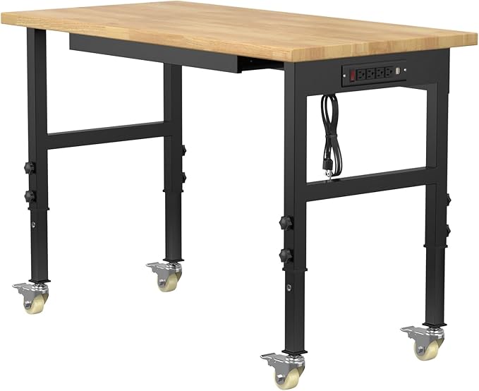 48" Adjustable Workbench,Heavy-Duty Work Table,3000 LBS Load Capacity Hardwood Workstation Outlets with Power Strips, Drawers and Wheels,for Workshop, Garage