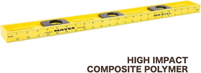 Mayes 10100 Polystyrene 3 Foot Level, 36 Inch Level Made in the USA, Contractor, Plumber, and Carpenter Tools, Impact Resistant Frame, Three Vials, Accurate to .001 Inch, Won’t Scratch Work Surfaces