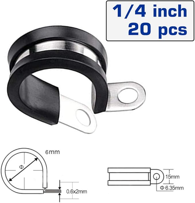 HOLYBEAR 1/4 Inch Stainless Steel Cable Clamp, Rubber Insulated Metal Conduit Wire Holder Strap Clips for Pipe, Tube, Hose Bracket (6mm, 20pcs)