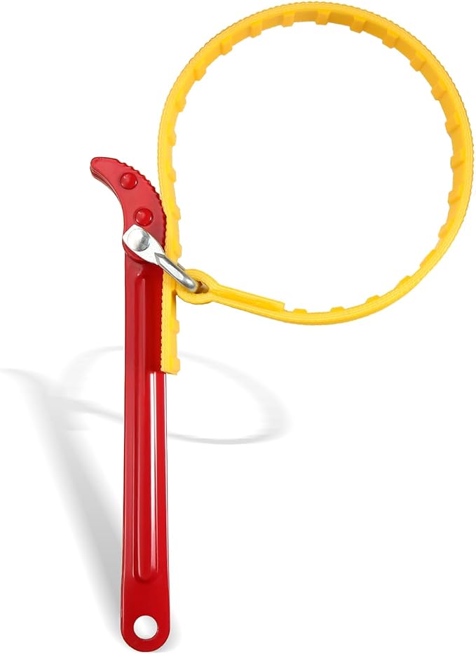 Strap Wrench Handle 8 Inches, Steel Handle Adjustable Strap Wrench for Replacing Water Filter, PVC Pipe Joints, Oil Filter, Swimming Pool Connection (Red Handle, Yellow Strap)