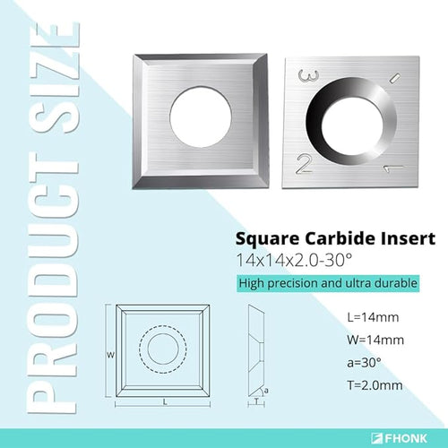 14mm Square Straight Carbide Cutters, for Woodturning Replacement Cutter Knives, Fits Spiral, Helical Planer Cutter, Wood Lathe Turning Tool, 10-Piece (14x14x2.0-30°)