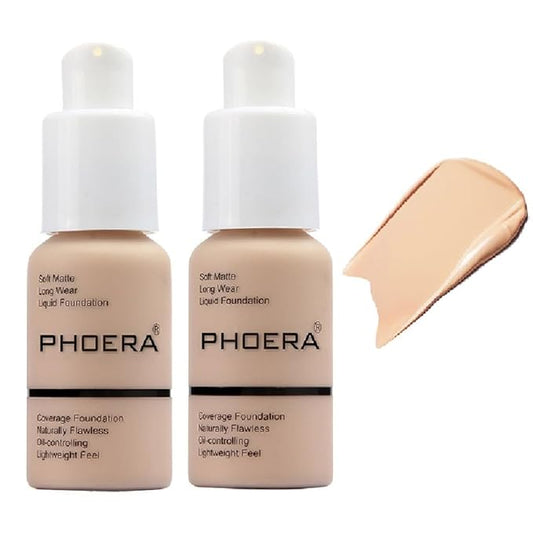2 Pack PHOERA Foundation,Matte Oil Control Concealer Foundation Cream,PHOERA Long Lasting Waterproof Matte Liquid Foundation for Women Girls (102 Nude)-VeraVaultWomen