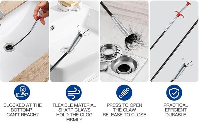 63 Inch Long Stainless Steel Drain Clog Remover (1pcs), 25 inch Drain Snake Hair Remover (6pcs) ＆23.6 inch Cleaning Brush (2pcs) Tool Set for Toilet, Kitchen Sink, Bathroom Tub, Sewer, 9, Pieces Set