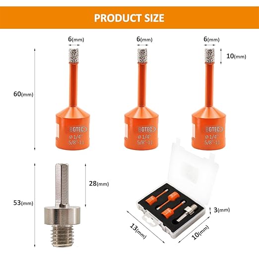 Diamond Core Drill Bit Kit BGTEC Diamond Hole Saw Tile Cutter for Porcelain Tile Ceramic Marble Brick Granite Stone, 5/8"-11 Thread Hole Saw 6/6/6mm+HEX Adapter