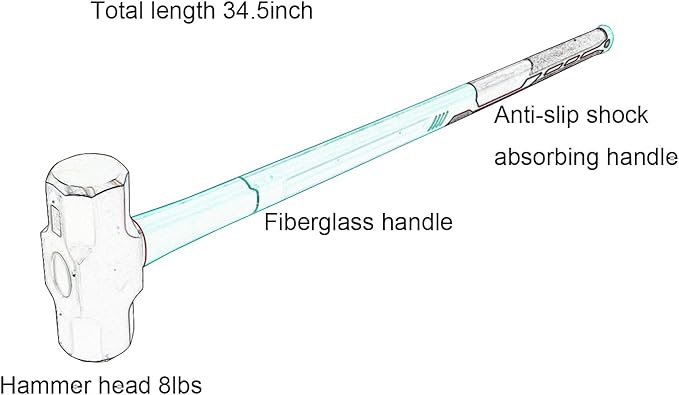 Sledge and Club Hammer with Heavy Duty Construction, Ergonomic No-Slip H-Grip Handle, Fiberglass Core, High Strength Steel for Construction,Land Management, Yard Work (B-8LB)