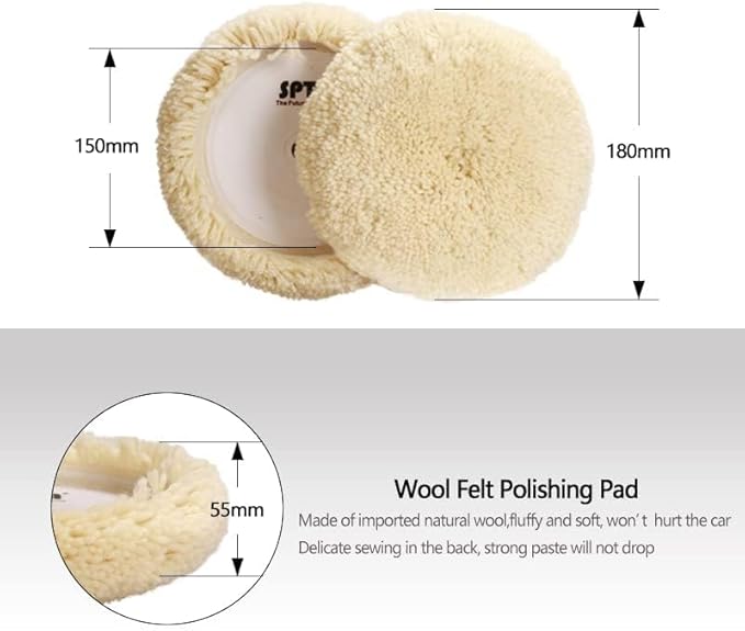 Wool Polishing Pads, SPTA 6"(150mm) 100% Natural Wool Buffing Pad with Hook & Loop Backing 4pcs Set Come with 5/8-11 Thread Backing Plate for Car Polishing, Buffing and Cutting