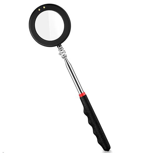 1 Pcs Telescoping Inspection Mirror Mechanics Automotive Tool with Long Handle Extendable Mirror on a Stick for Technicians Mechanics Contractors Checking Observation(Black,Round with Light)