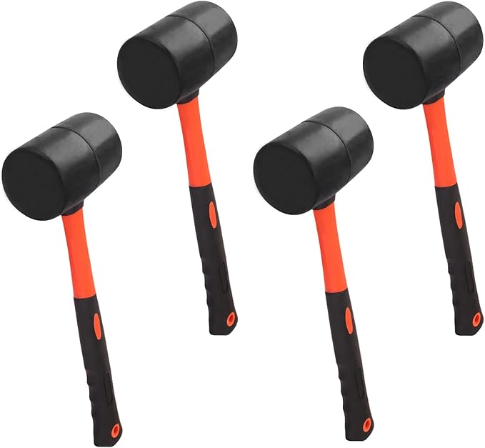  4 PCS 27 OZ Rubber Mallet, Rubber Hammer Head, Rubber Mallet Set With Black-Orange Fiberglass Handle Perfect For Wood, Metal, Plastic, Glass, And Ceramics. By GENHAKON