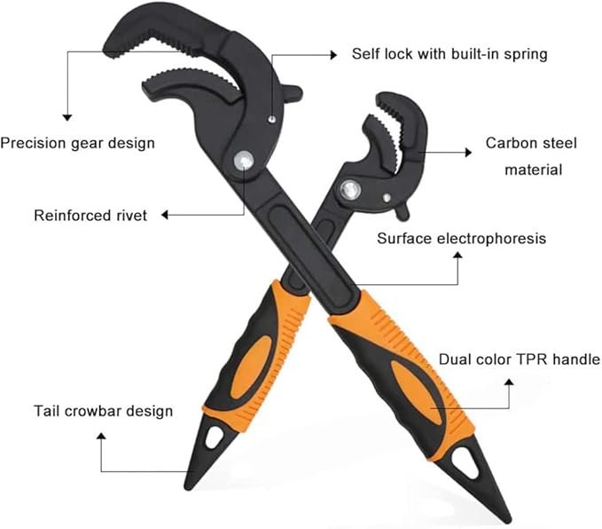 2 Pcs Multi-function Universal Wrench Set Self Adjusting Spanner Quick Power Grip Pipe Wrench for Auto Repair and Home Maintenance