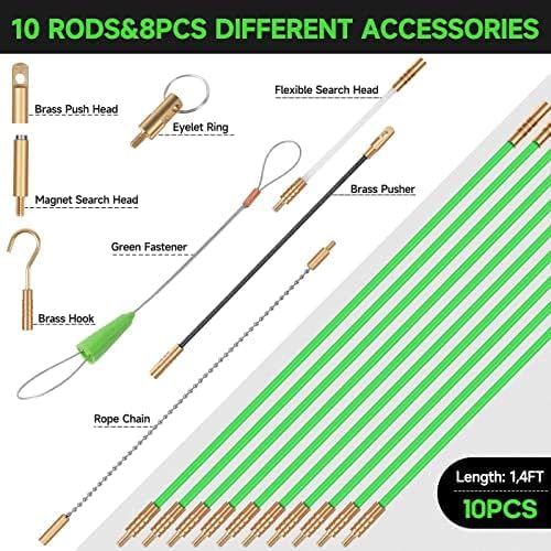 14FT Fiberglass Running Electrical Wire Glow Rods Wire Pulling with 8 Different Attachments, Fish Rods Electrical Kit and Fish Tape Wire Puller