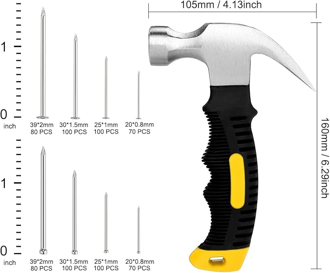 KURUI 700PCs Small Nails for Hanging Pictures & 8oz Small Hammer, Mini Hammer for Hanging Wall Decor, Hardware Roofing Nails Assortment Kit, 280 Wall Nails & 280 Finishing Nails, Picture Hangers