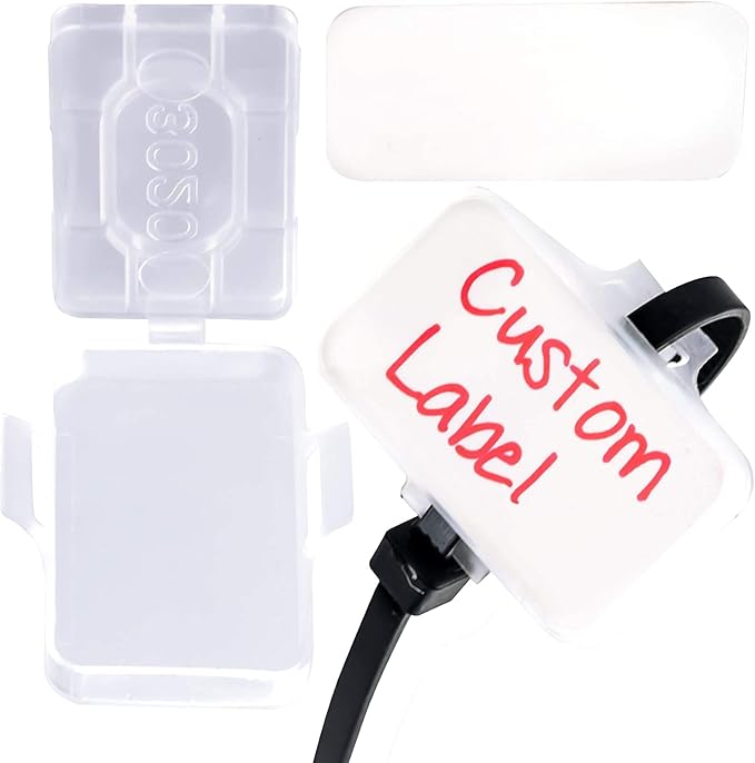 Heavy Duty Zip Tie Labels for Cables and Cords, 50Pk. Durable, Protective Box Attaches to Zip Ties for Cord and Cable Organization. Best Reusable Wire Management Ties. Includes Easy Write Inserts