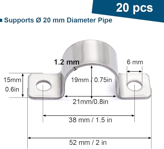 3/4 Inch Stainless Steel Conduit Clamps 2 Hole Pipe Clamps U Bracket Conduit Fixing Clips, Universal Clamp for Cylindrical Components - Fits OD 20 mm (Approx.3/4") | 20 Pcs