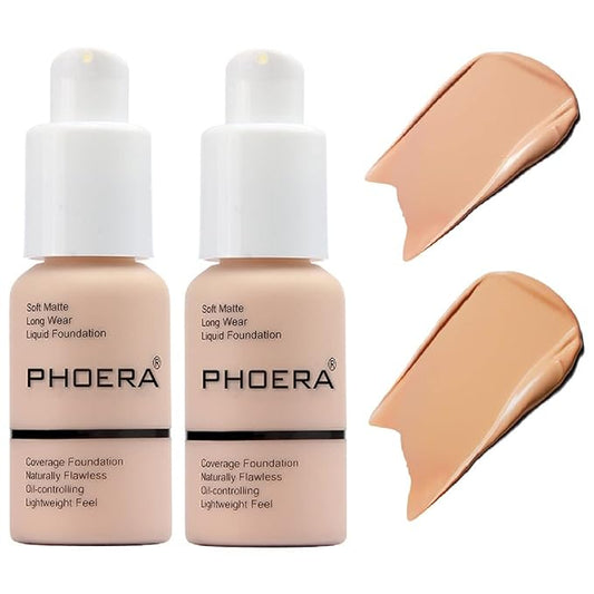 2 Pack PHOERA Foundation,Matte Oil Control Concealer Foundation Cream,PHOERA Long Lasting Waterproof Matte Liquid Foundation for Women Girls (103 Warm Peach +104 Buff Beige)-VeraVaultWomen