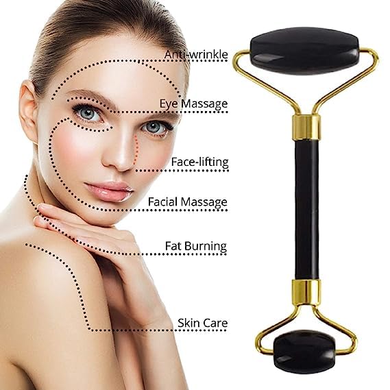 Black Obsidian Jade Facial Roller & Gua Sha Set 100% Natural Source from Highest Altitude of Himalayan Two-Sided Face Neck Massager Stone Beauty Tool-VeraVaultWomen