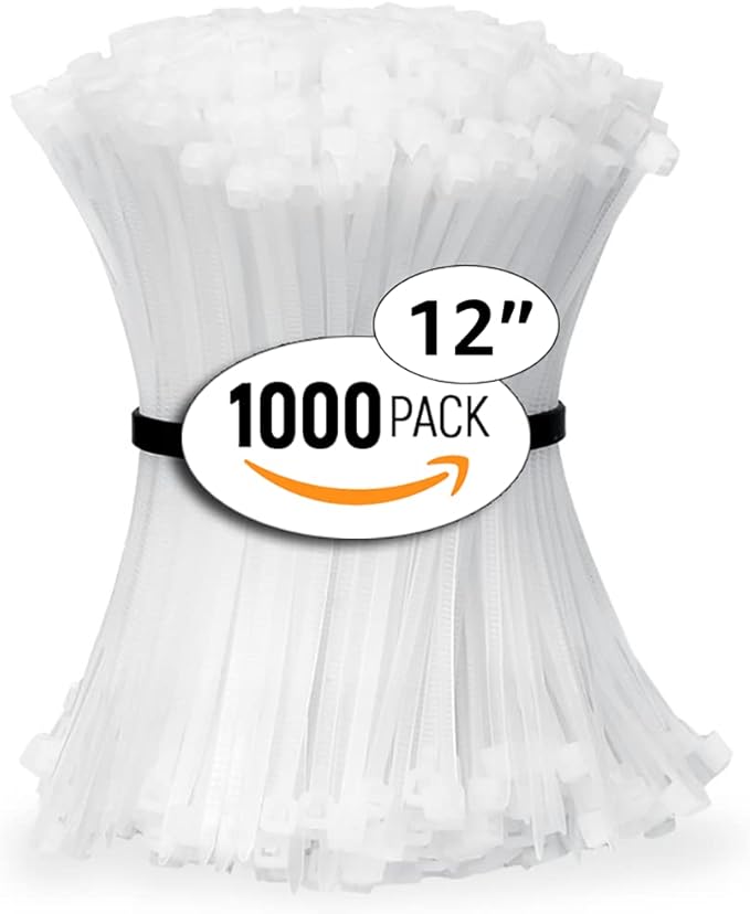 ALBO Zip Ties White 12 Inch 1000 Pack 50 lb, Long Plastic Cable Ties Thick 0.19 Inch Tie Wraps Heavy Duty UV Resistant Nylon Wire Ties for Indoor and Outdoor