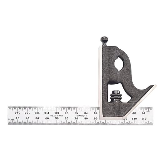 Starrett Steel Combination Square with Square Head - 150mm Blade Length, Cast Iron Heads, Hardened Steel, Reversible Lock Bolt, Scriber, 35 Graduation Type - 11MH-150