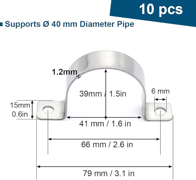 1-9/16 In. Conduit Clamps Two Hole Metal Clamp Stainless Steel U Bracket Conduit Strap Tension Clips, Universal Clamp for Cylindrical Components - Fits OD 40 mm (Approx. 1-9/16") | 10 Pcs