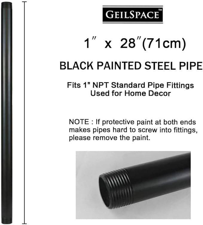 GeilSpace 1" × 28" Pre-Cut Black Metal Pipe, Industrial Steel Fits Standard One Inch Black Threaded Pipes and Fittings - Vintage DIY Industrial Shelving (1" × 28")