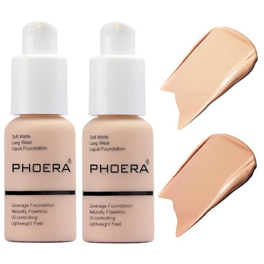 2 Pack PHOERA Foundation,Matte Oil Control Concealer Foundation Cream,PHOERA Long Lasting Waterproof Matte Liquid Foundation for Women Girls (102 Nude+103 Warm peach)-VeraVaultWomen