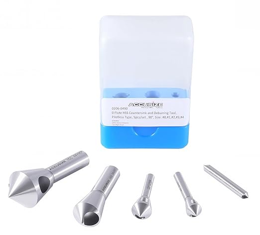 Accusize Industrial Tools 5 pc 90 Deg 0-Flute HSS Countersink & Deburring Tool Set, Pilotless Type, 0206-0490