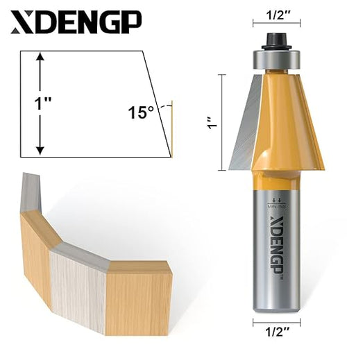 15 Degree Chamfer Router Bit with 1 Inch Cutting Length,1/2 Inch Shank Carbide Edge Forming Bevel Router Bit with Bearing, Chamfer Bit Miter Angle Milling Cutters Tool