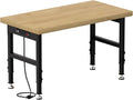 48" Work Bench, Adjustable Height Workbench with Rubber Pad, Heavy-Duty Solid Wood Work Table with Power Outlets, 2000 LBS Capacity Workstation for Garage, Workshop, Office, Home