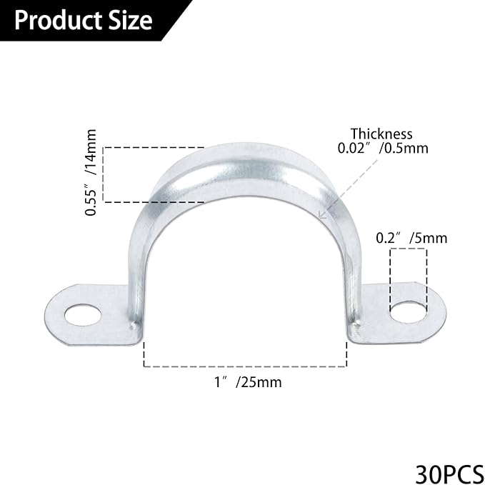 30 PCS 1 Inch Reinforced Rigid Pipe Strap,2 Holes U Bracket Cable Clamp Hanger,Zinc Coated Tension Tube Clip,Conduits Strap Clamps for Pipe Fixing on Various Surfaces,30 PCS(25 mm)