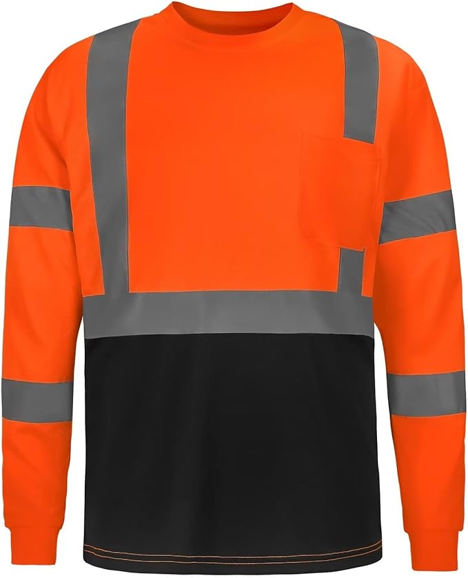 High Visibility Class 3 T Shirts，Hi Vis Safety Shirts with Reflective Strips and Pocket, Long Sleeve Quick Dry Mesh Construction Work Shirt for Men/Women Black Bottom Orange,Large