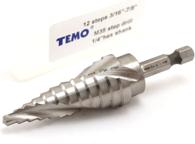 TEMO M35 Cobalt Spiral Flute Step Drill, 12 Size 3/16 Inch To 7/8 Inch, 1/4 Inch Hex Shank