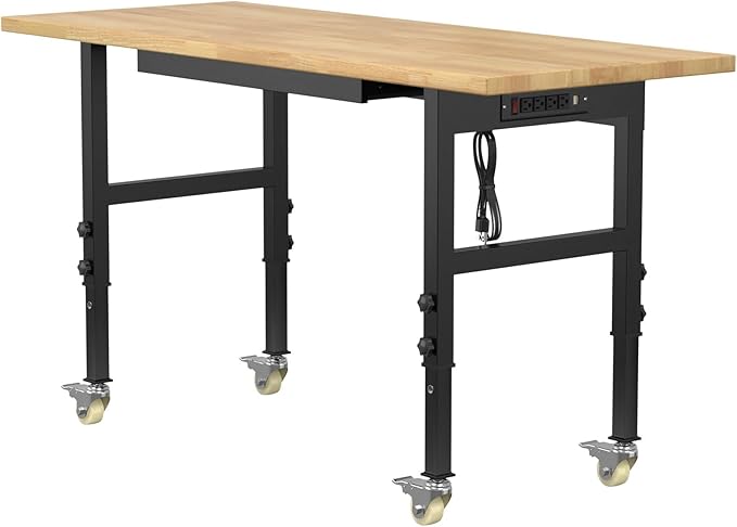 60" Adjustable Workbench,Heavy-Duty Work Table,3000 LBS Load Capacity Hardwood Workstation Outlets with Power Strips, Drawers and Wheels,for Workshop, Garage